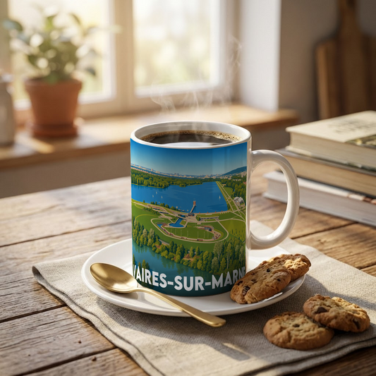 Mug souvenir de la ville de Vaires-sur-Marne avec une illustration panoramique stylisée.