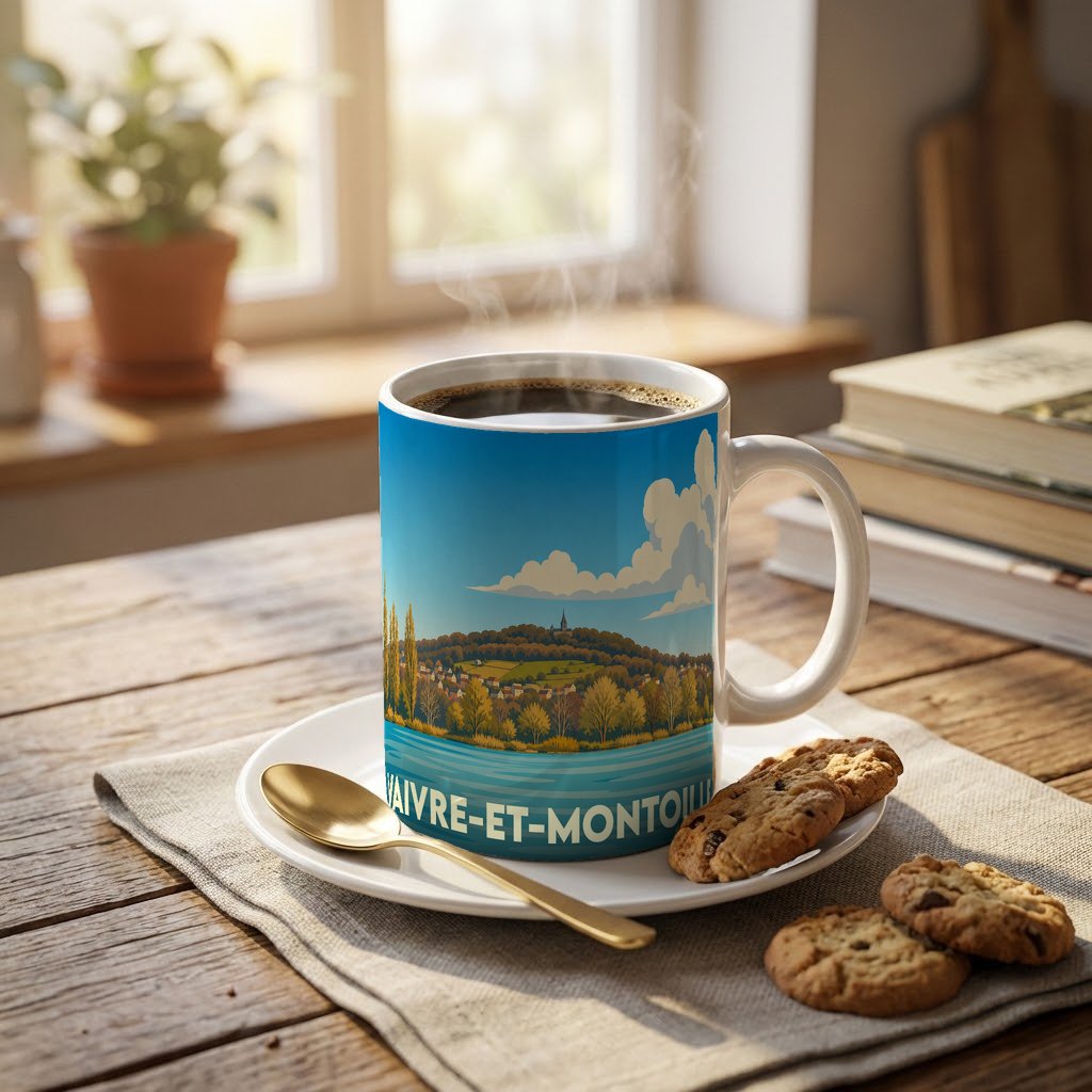 Mug souvenir de la ville de Vaivre-et-Montoille avec une illustration de son paysage.