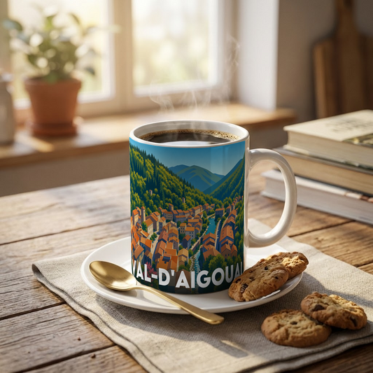 Mug souvenir de la ville de Val-d'Aigoual avec une illustration stylisée du village en montagne.
