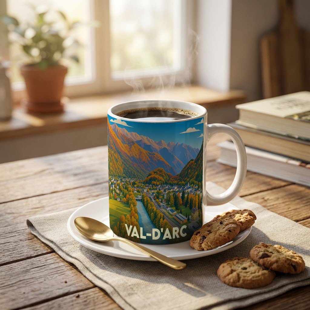 Mug souvenir de la ville de Val-d'Arc orné d'une illustration de paysage montagneux automnal.