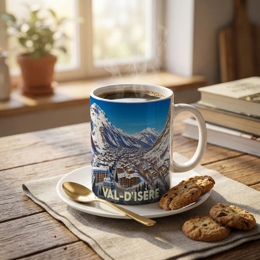 Mug souvenir de la ville de Val-d'Isère illustré d'un paysage de montagne enneigé.