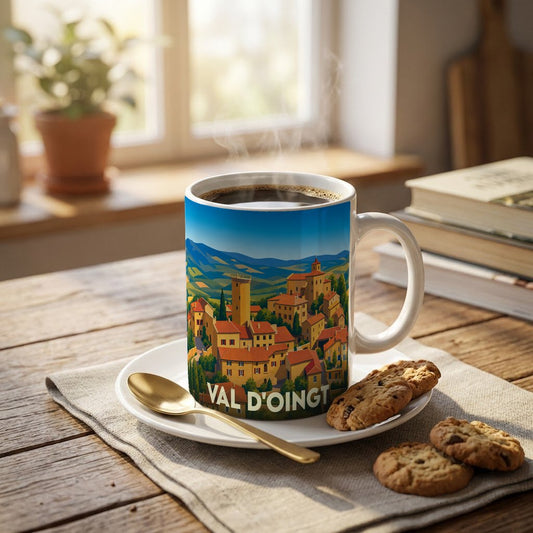 Mug souvenir de la ville de Val d'Oingt orné d'une illustration stylisée de son village médiéval.