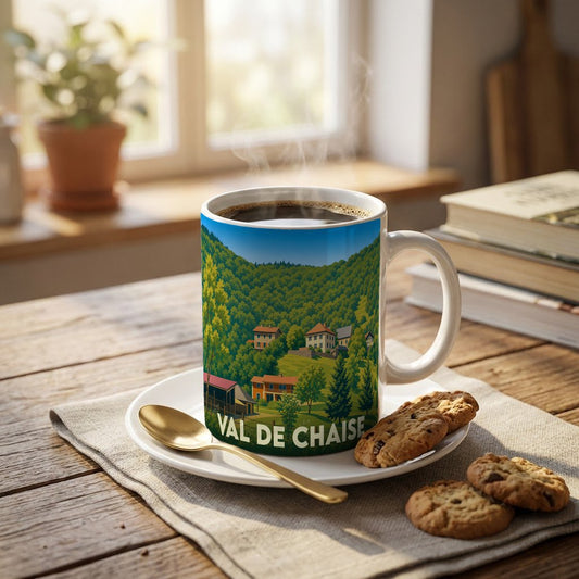 Mug souvenir de la ville de Val de Chaise illustré par un paysage vallonné et verdoyant.
