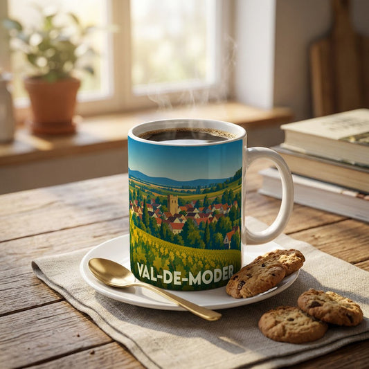 Mug souvenir de la ville de Val-de-Moder avec une illustration stylisée d'un paysage alsacien.