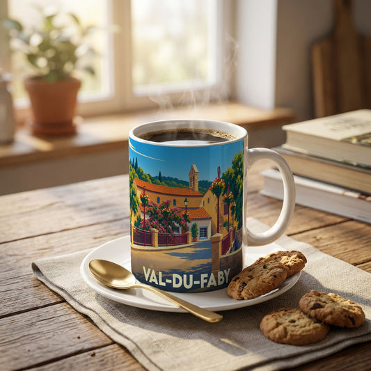 Mug souvenir de la ville de Val-du-Faby orné d'une illustration colorée et stylisée d'un village pittoresque.