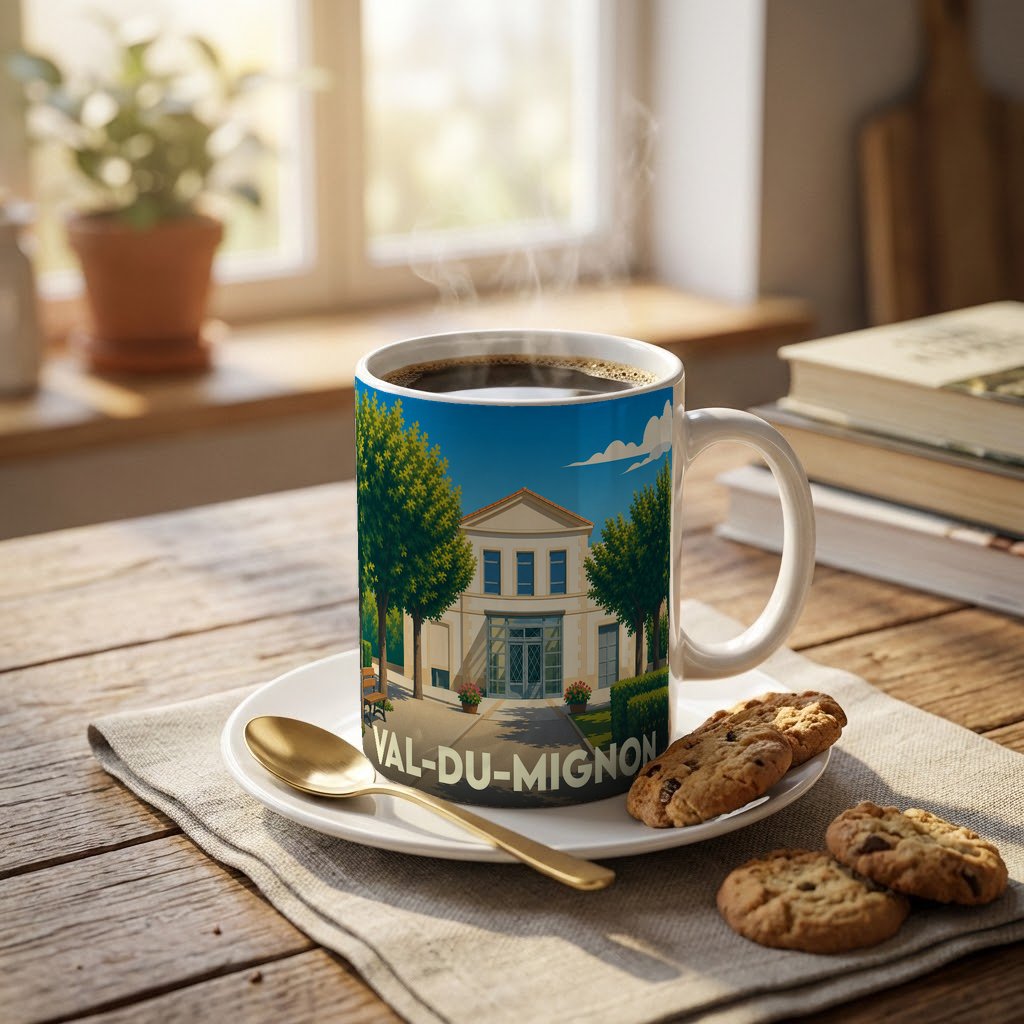 Mug souvenir de la ville de Val-du-Mignon avec une illustration stylisée d'un bâtiment classique entouré d'arbres.