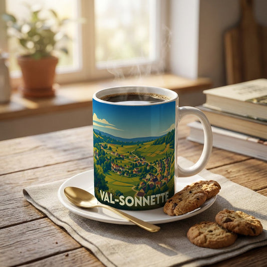 Mug souvenir de la commune de Val-Sonnette illustré d'un paysage vallonné et pittoresque.
