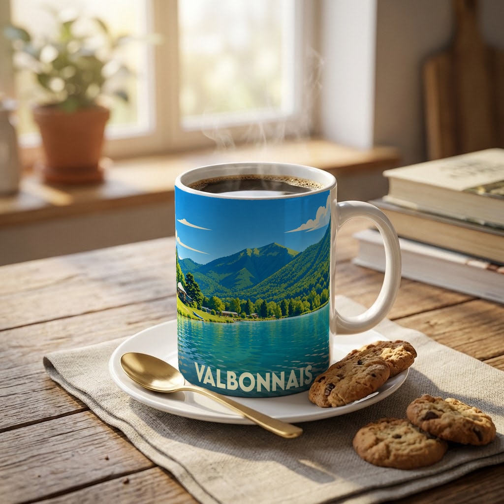Mug souvenir de la ville de Valbonnais orné d'une illustration stylisée de son lac et de ses montagnes.
