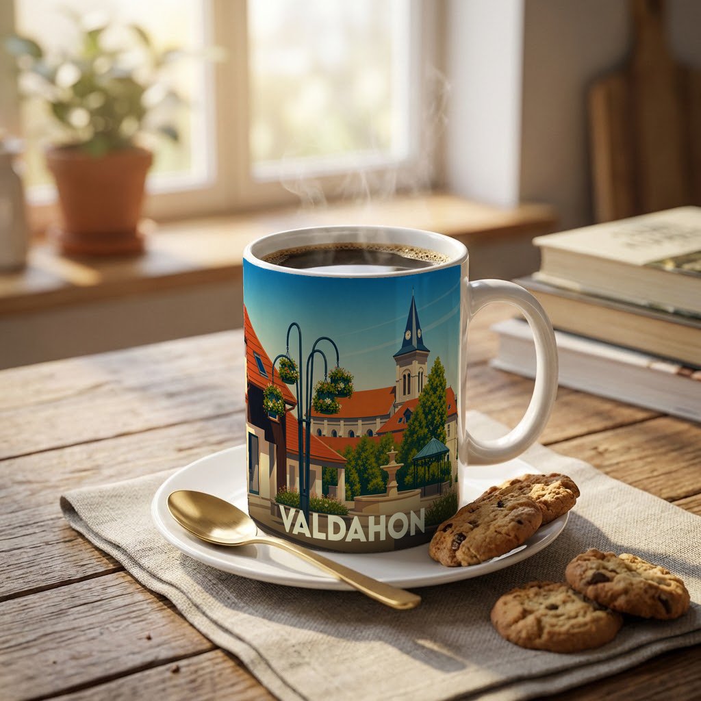 Mug souvenir de la ville de Valdahon avec une illustration stylisée et colorée.