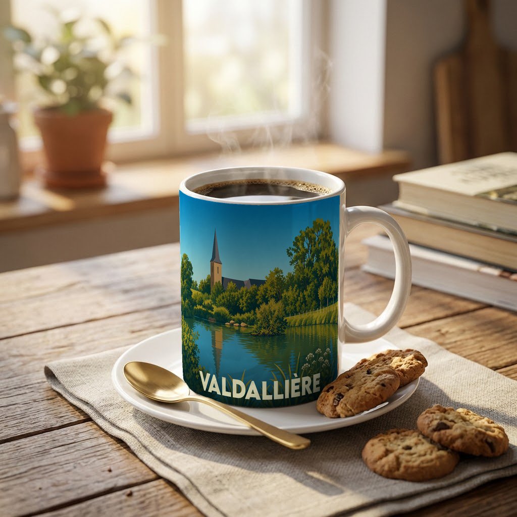 Mug souvenir de la ville de Valdallière illustré d'un paysage champêtre avec une église au bord de l'eau.