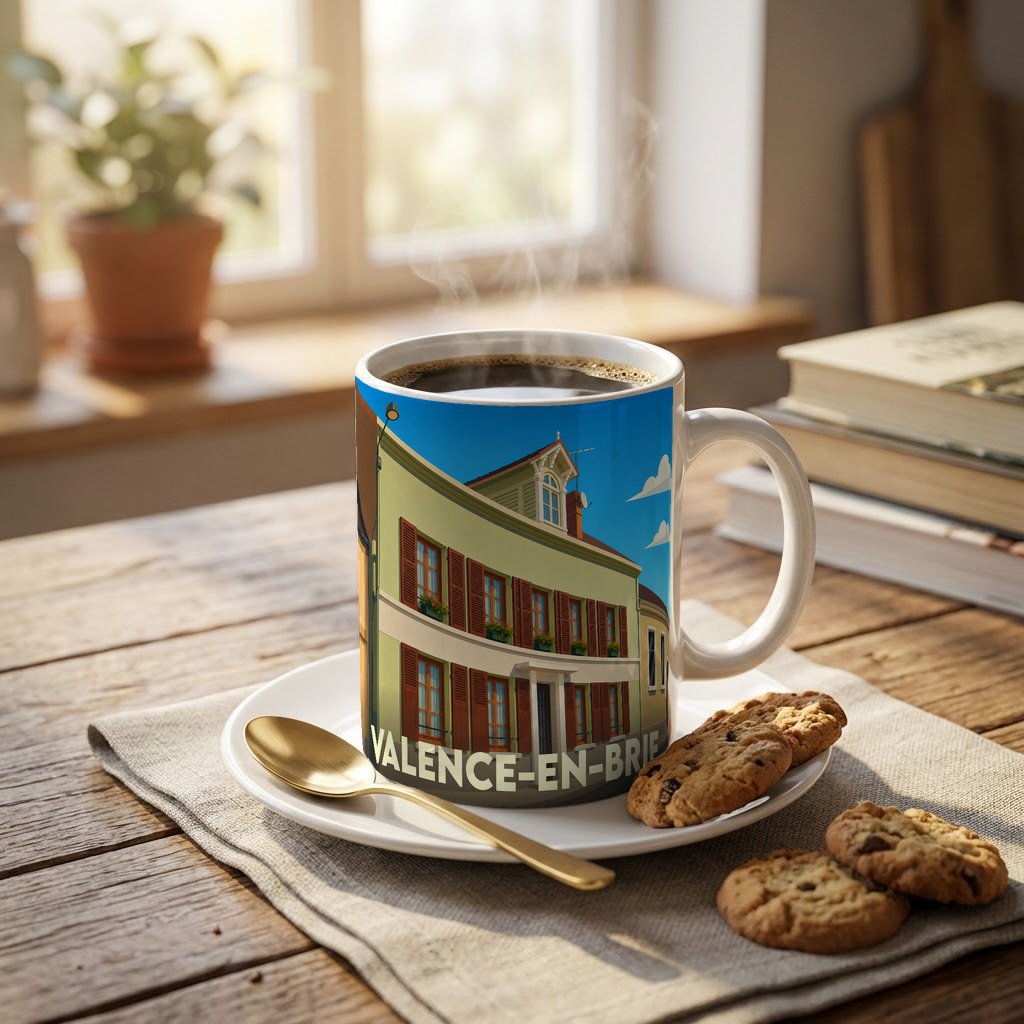 Mug souvenir de la ville de Valence-en-Brie orné d'une illustration stylisée de l'architecture locale.