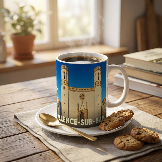 Mug souvenir de la ville de Valence-sur-Baïse orné d'une illustration stylisée de son église.