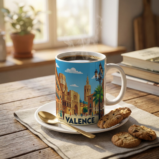 Mug souvenir de la ville de Valence avec une illustration stylisée et colorée.