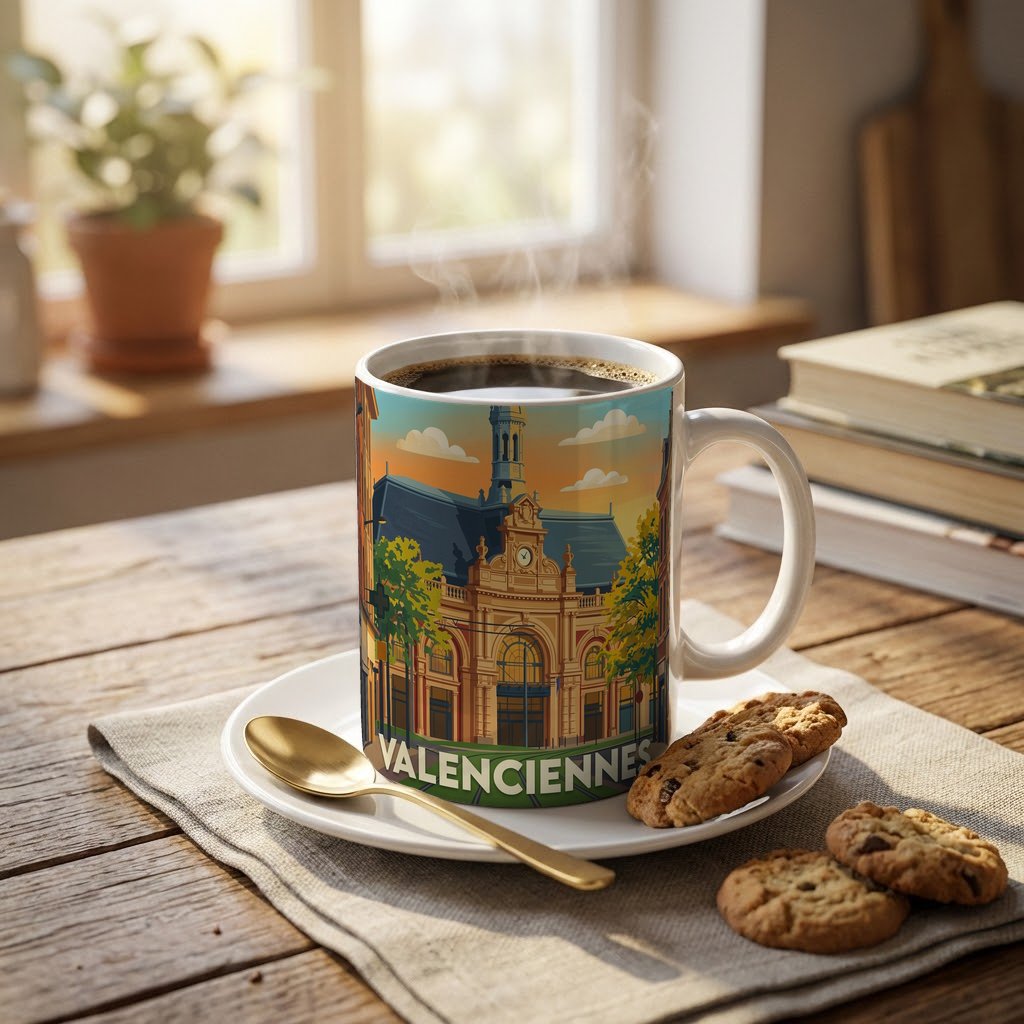 Mug souvenir de la ville de Valenciennes avec une illustration stylisée de son architecture.