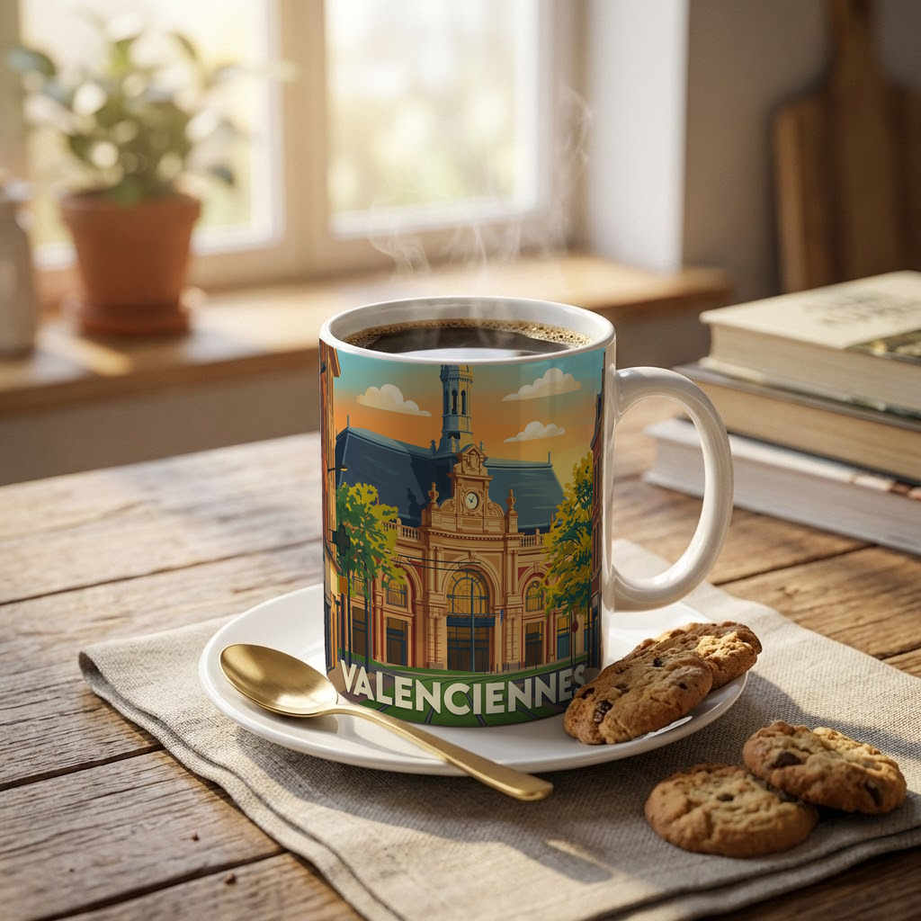 Mug souvenir de la ville de Valenciennes avec une illustration stylisée de son architecture.