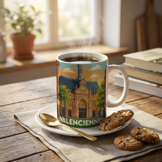 Mug souvenir de la ville de Valenciennes avec une illustration stylisée de son architecture.