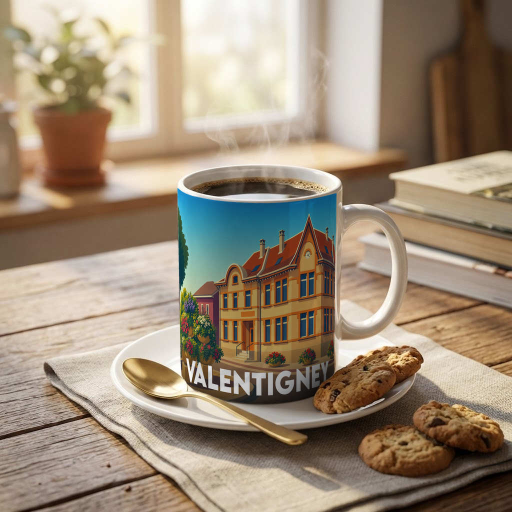 Mug souvenir de la ville de Valentigney avec une illustration stylisée d'un bâtiment historique.