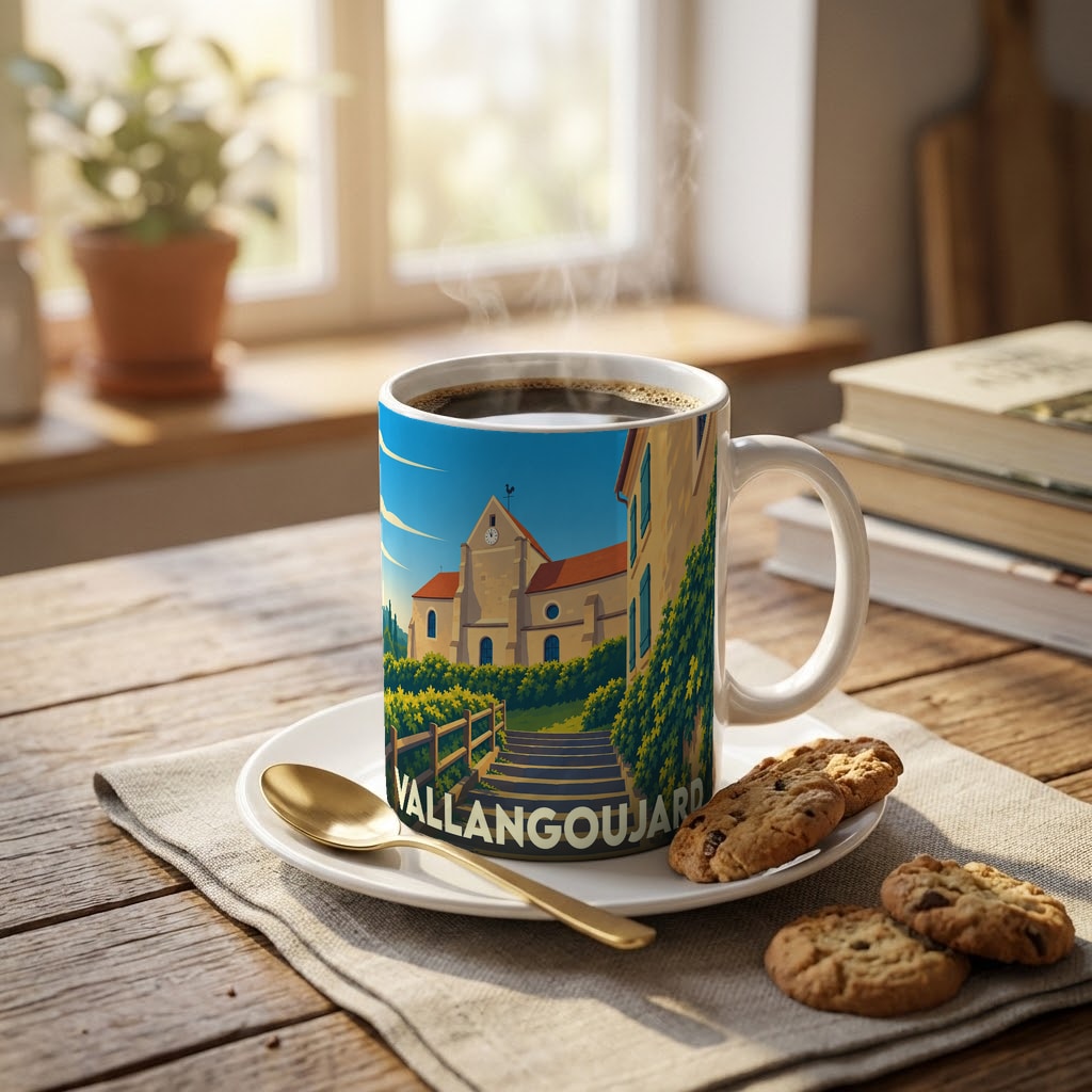 Mug souvenir de la ville de Vallangoujard avec une illustration stylisée.
