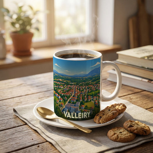 Mug souvenir de la ville de Valleiry orné d'une illustration panoramique colorée.
