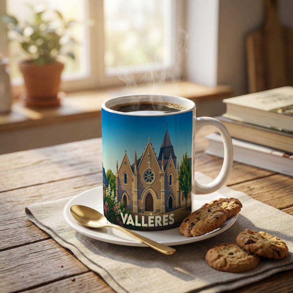 Mug souvenir de la ville de Vallères orné d'une illustration stylisée de son église.