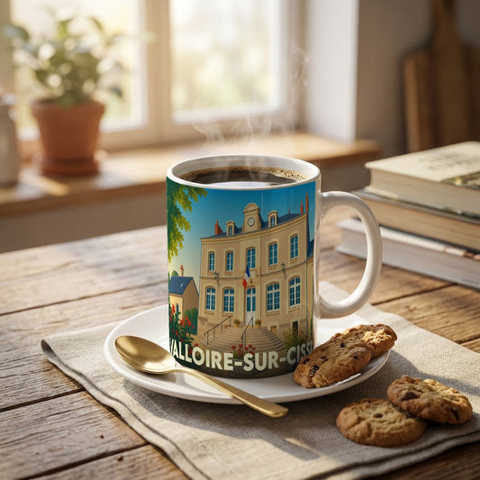 Mug souvenir de la ville de Valloire-sur-Cisse avec une illustration stylisée de sa mairie.