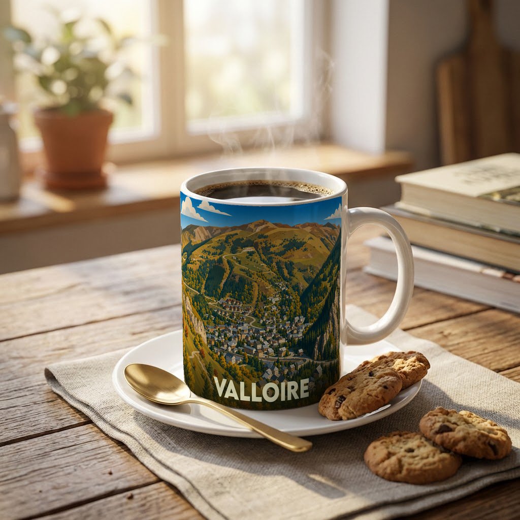 Mug souvenir de la ville de Valloire orné d'une illustration panoramique de la station.
