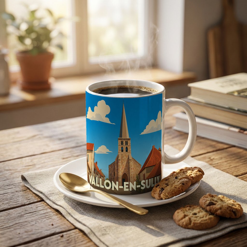 Mug souvenir de la ville de Vallon-en-Sully orné d'une illustration stylisée de son église et de ses toits.