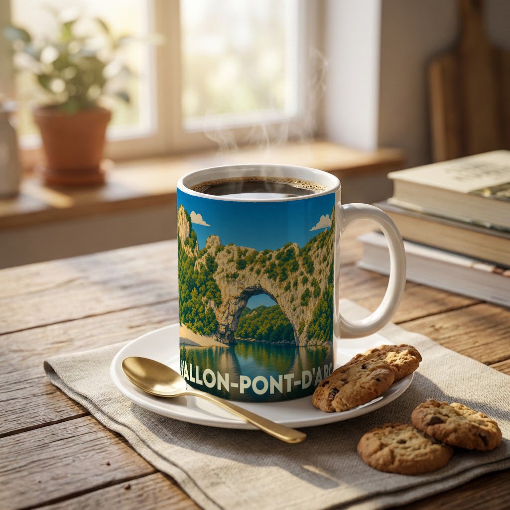 Mug souvenir de la ville de Vallon-Pont-d'Arc illustré par une arche rocheuse emblématique.