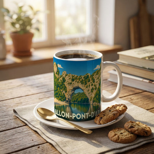 Mug souvenir de la ville de Vallon-Pont-d'Arc illustré par une arche rocheuse emblématique.