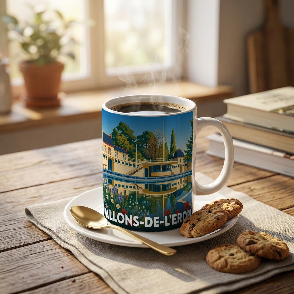 Mug souvenir de la ville de Vallons-de-l'Erdre avec une illustration stylisée d'un paysage fluvial.