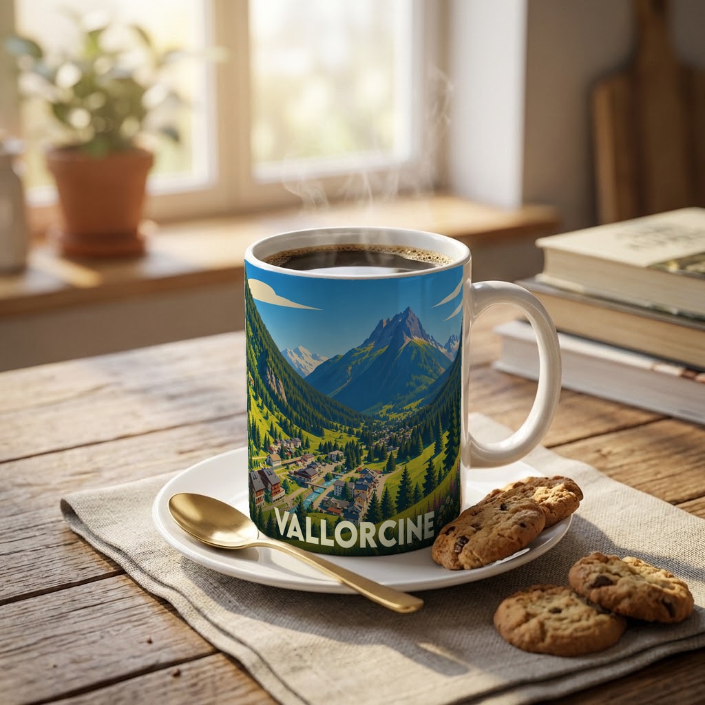 Mug souvenir de la ville de Vallorcine avec une illustration stylisée de montagnes et de vallée.