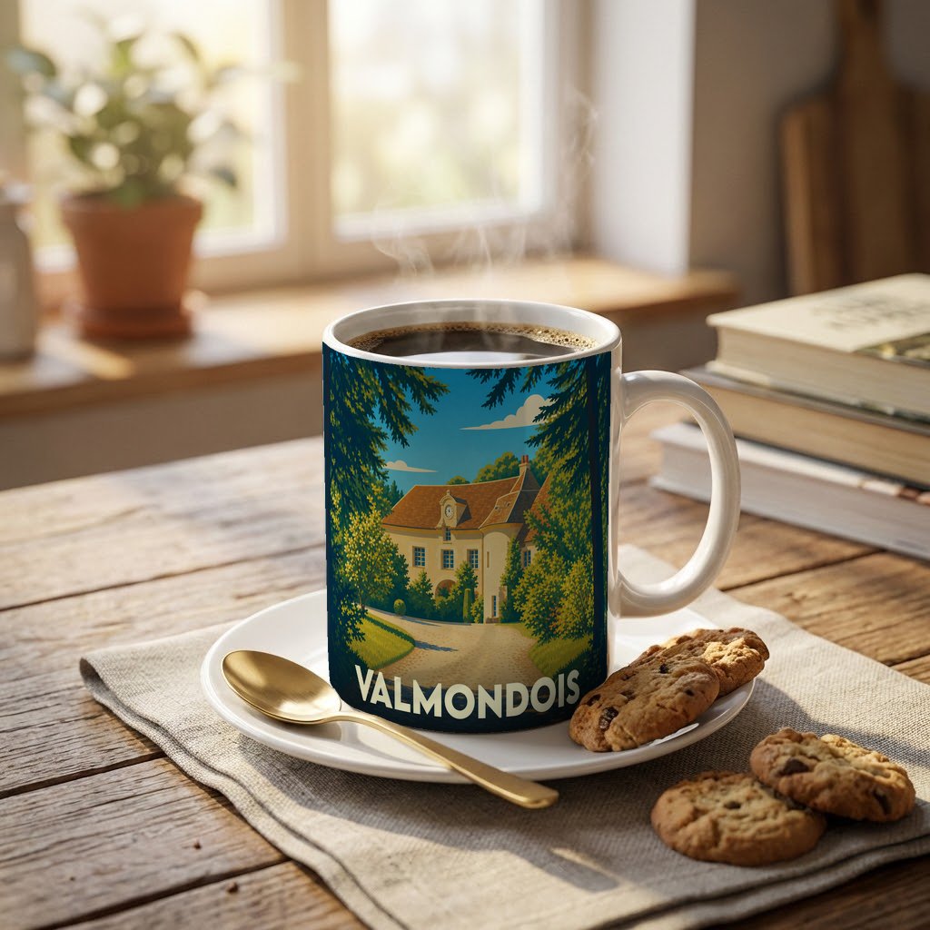 Mug souvenir de la ville de Valmondois avec une illustration stylisée d'une bâtisse historique.