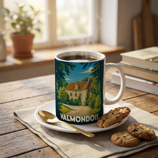 Mug souvenir de la ville de Valmondois avec une illustration stylisée d'une bâtisse historique.