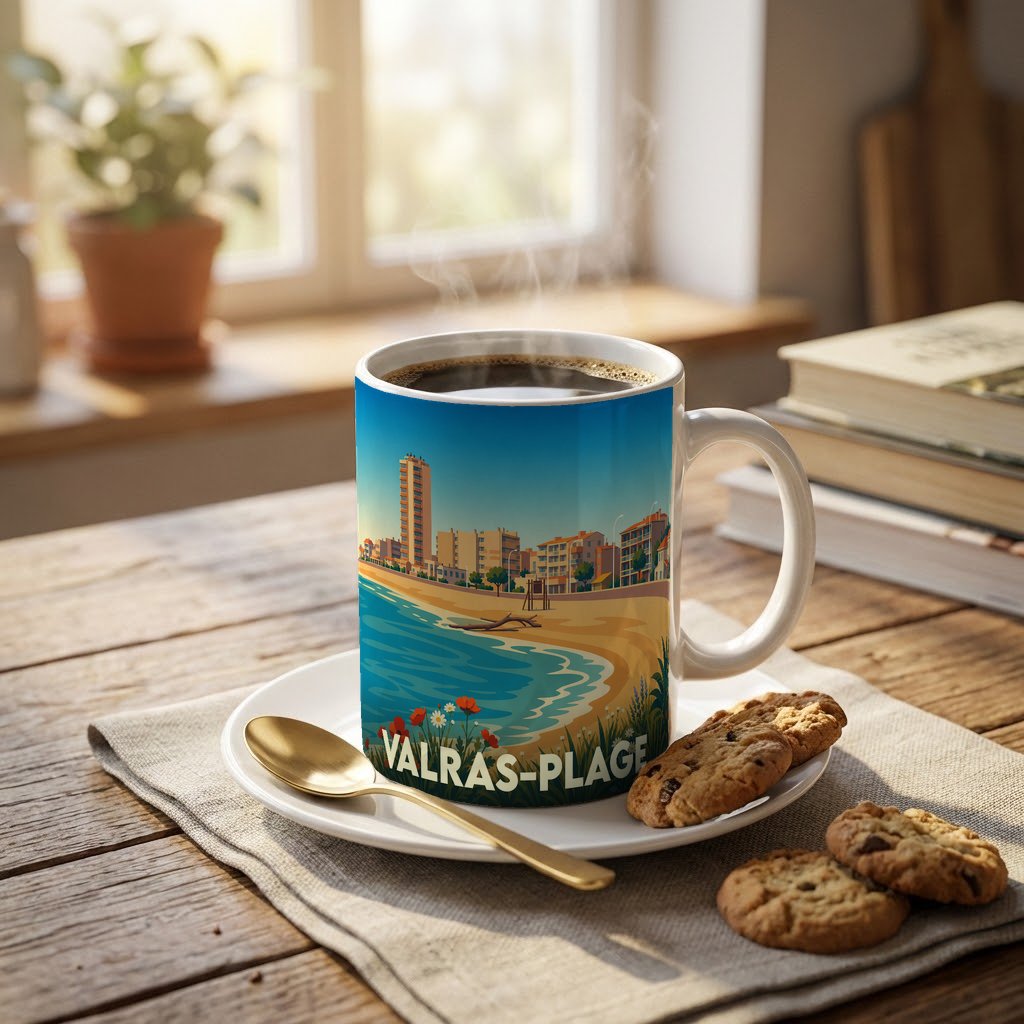 Mug souvenir de la ville de Valras-Plage orné d'une illustration côtière stylisée.