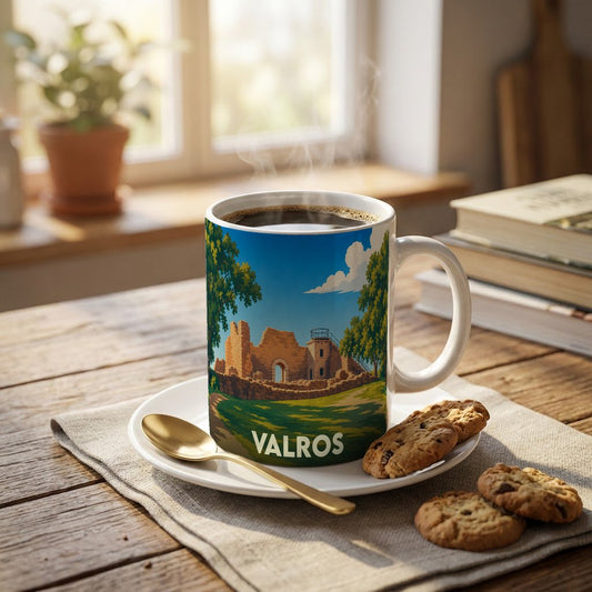 Mug souvenir de la ville de Valros orné d'une illustration stylisée de ses ruines médiévales.