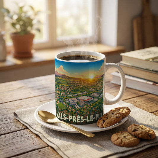 Mug souvenir de la ville de Vals-près-le-Puy orné d'une illustration panoramique colorée.