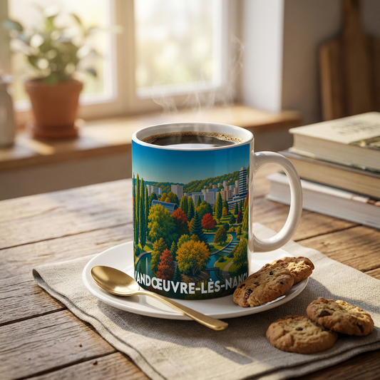 Mug souvenir de la ville de Vandœuvre-lès-Nancy avec une illustration stylisée d'un parc arboré.
