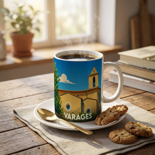 Mug souvenir de la ville de Varages avec une illustration stylisée d'un clocher provençal.