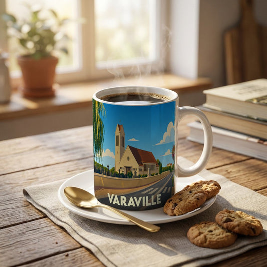 Mug souvenir de la ville de Varaville avec une illustration stylisée de son église.