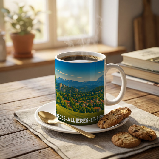 Mug souvenir de la ville de Varces-Allières-et-Risset avec une illustration stylisée d'un paysage montagneux.