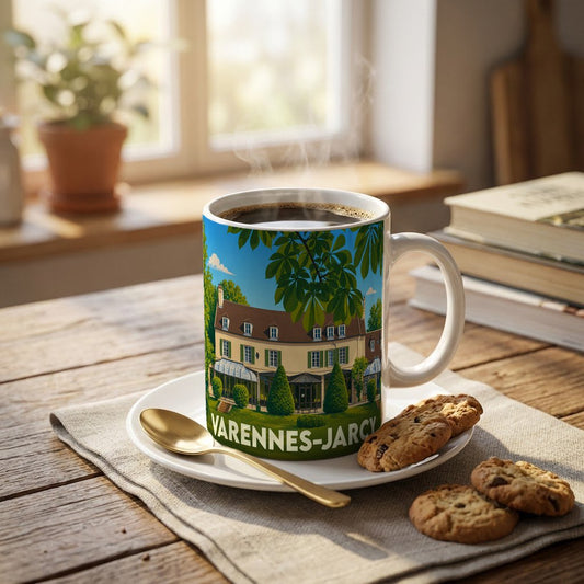 Mug souvenir de la ville de Varennes-Jarcy illustré d'un manoir élégant.