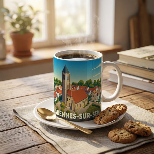 Mug souvenir de la ville de Varennes-sur-Seine avec une illustration stylisée.