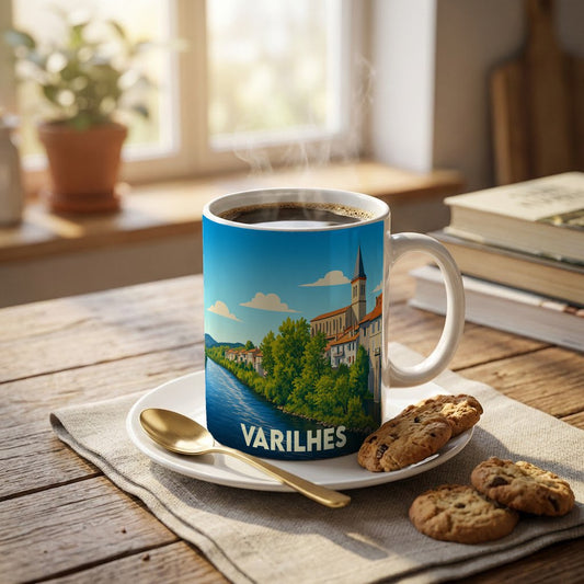 Mug souvenir de la ville de Varilhes illustré d'un paysage urbain au bord de l'eau.
