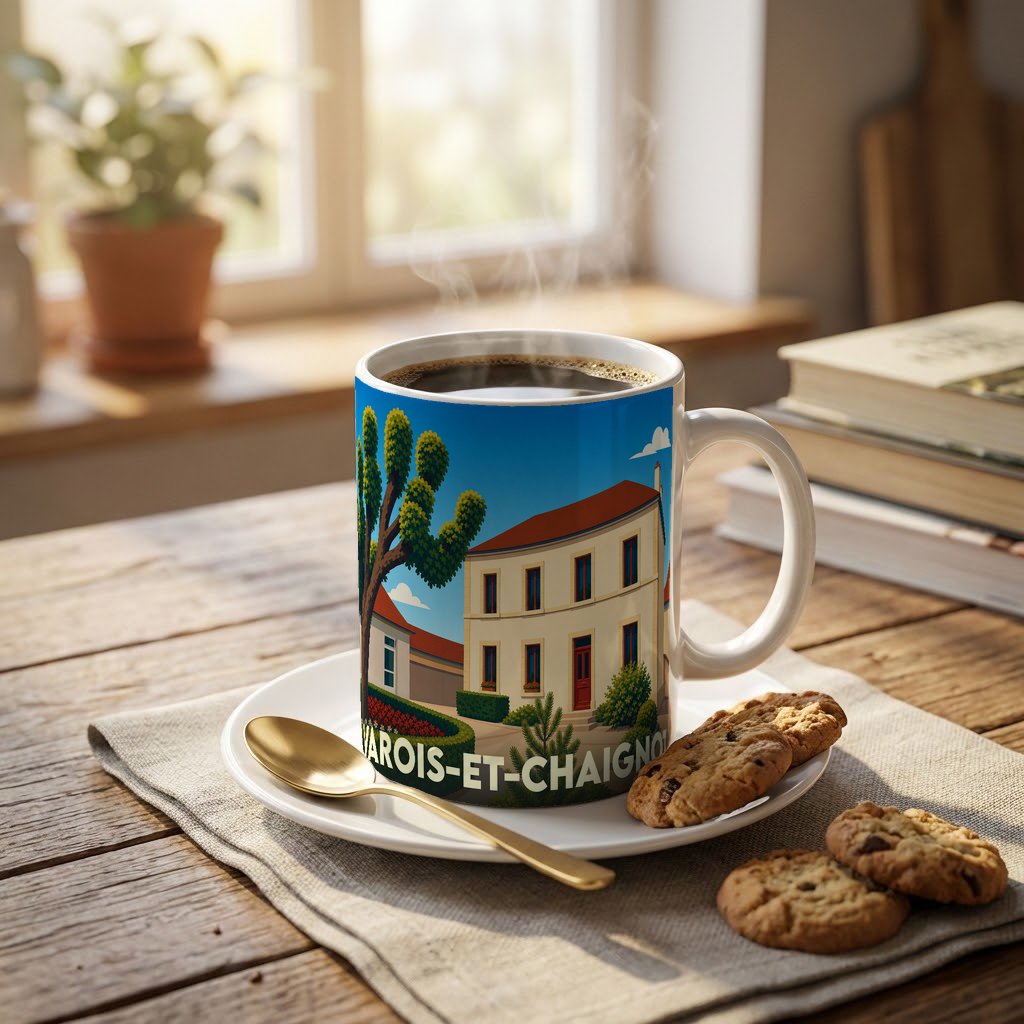 Mug souvenir de la ville de Varois-et-Chaignot avec une illustration stylisée.