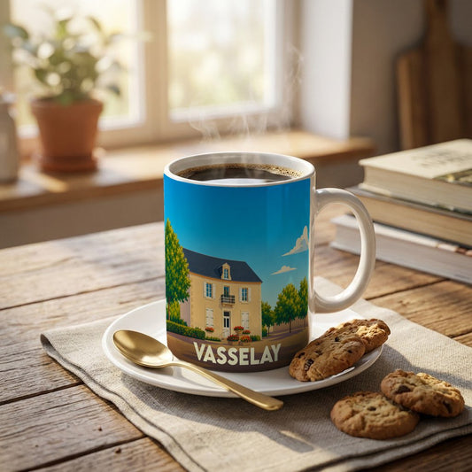 Mug souvenir de la ville de Vasselay orné d'une illustration stylisée représentant une maison traditionnelle.