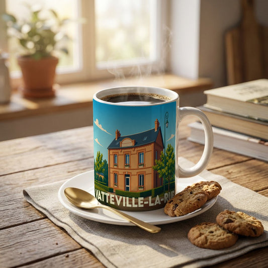 Mug souvenir de la ville de Vatteville-la-Rue orné d'une illustration stylisée d'une maison traditionnelle.