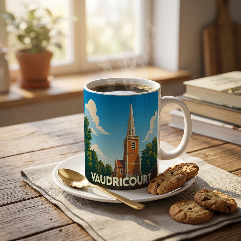 Mug souvenir de la ville de Vaudricourt avec une illustration stylisée d'un clocher.