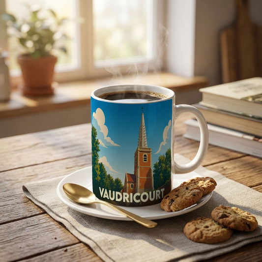 Mug souvenir de la ville de Vaudricourt avec une illustration stylisée d'un clocher.