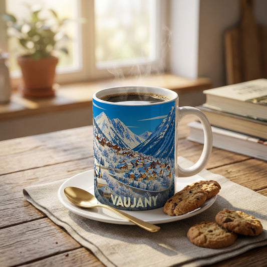 Mug souvenir de la ville de Vaujany orné d'une illustration hivernale stylisée.