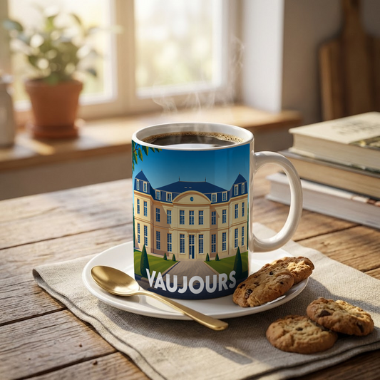 Mug souvenir de la ville de Vaujours orné d'une illustration stylisée de son château.